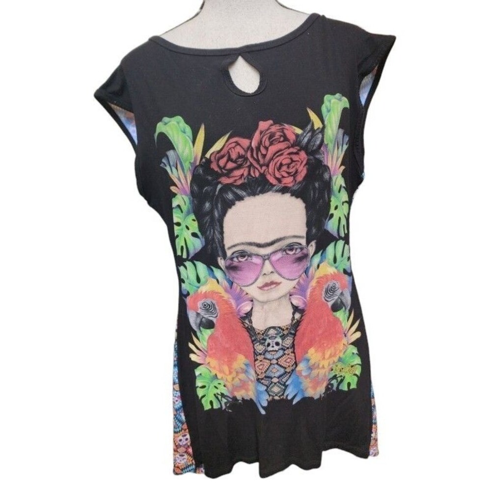 Ay Guey! Frida Calavera Shirt Size Large Mexico Short Sleeve Asymmetrical
